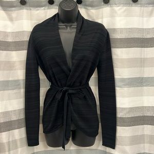Merona Black and Dark Gray Stripe Belted Wrap or Open Front Cardigan Sweater